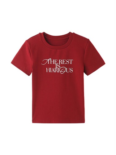 New style red shoulder short-sleeved t-shirt for women 2025 summer round collar figure-fitting letter-printed short top for women