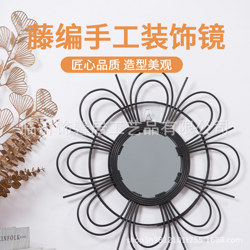 Espejo de maquillaje de ratana escandinavo, espejo de maquillaje, colgante de sala de estar, dormitorio, espejo decorativo, accesorios de fotografía, espejo colgante