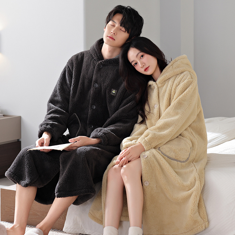 가을, 겨울 커플 잠옷 따뜻하고 편안한 벨벳 긴팔 가디건 중간 길이 목욕 가운 캐주얼 심플 대형 가정복
