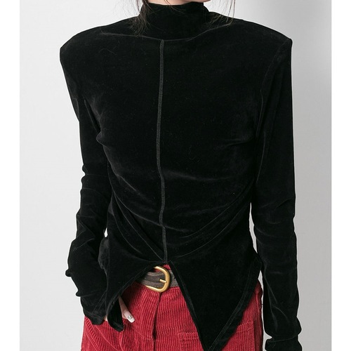 Chao Pa High-Low Collar Plush Blouse with Belted Slit, Coffee Brown, Women's Autumn Base Top