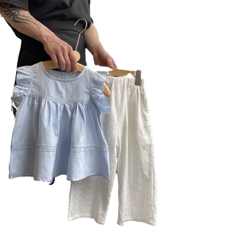 Korean style girls' sleeveless babydoll shirt 2024 summer baby girl pastoral style top small and medium children's clothing shirt