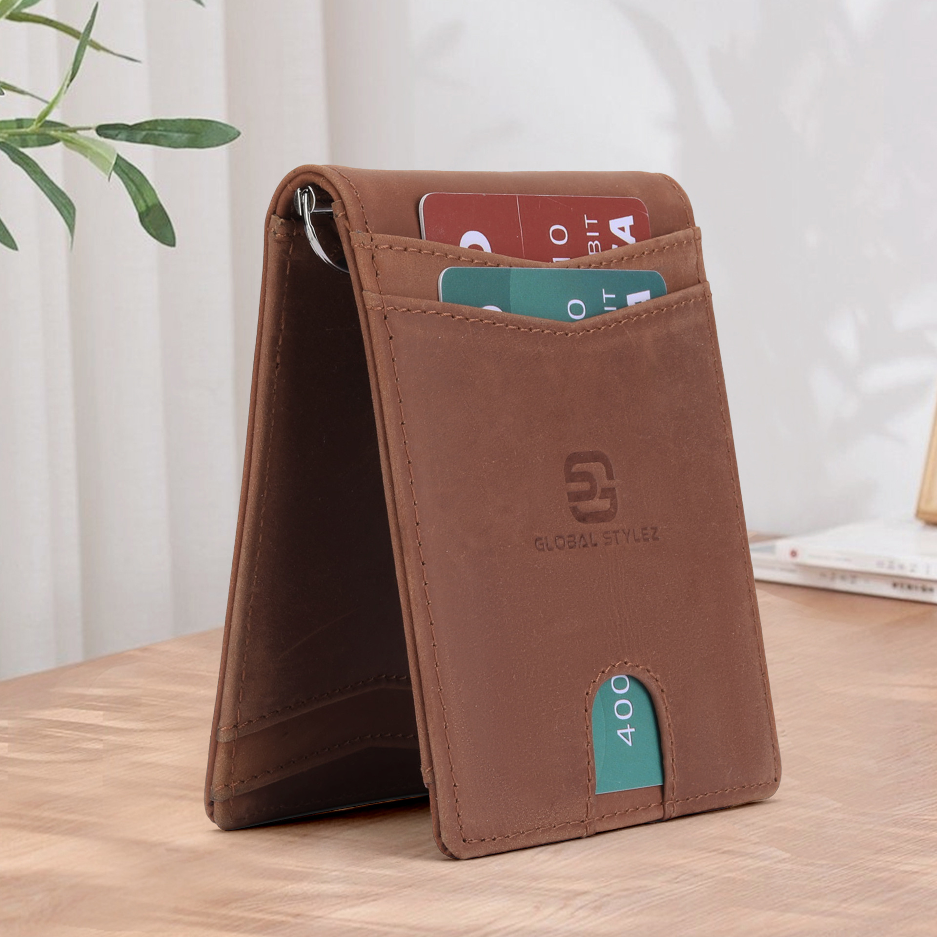 Amazon RFID cepillo antirrobo doble tarjeta de bolso ultra delgado multi-tarjeta de dólar bolso de cuero comercial de color sólido para hombres