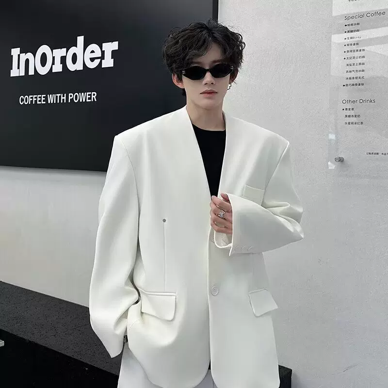 韩版百搭气质休闲西服男春秋季修身简约文艺夹克男慵懒时尚西服男