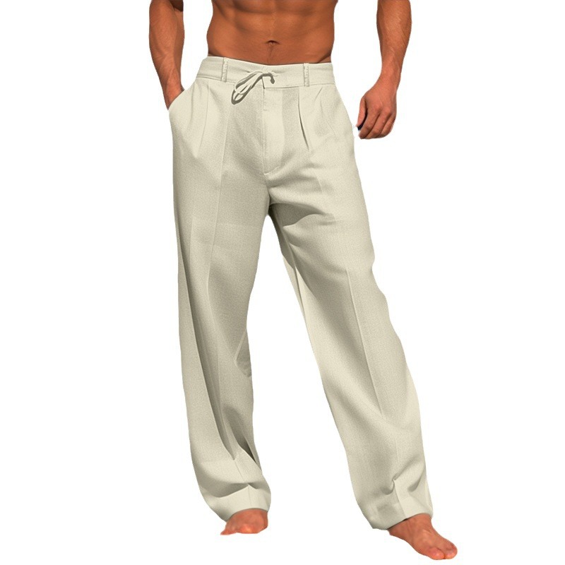 Men's Linen Beach Pants - Summer Solid Color Breathable Casual Trousers (Beige/Khaki/Black)_voghion.com