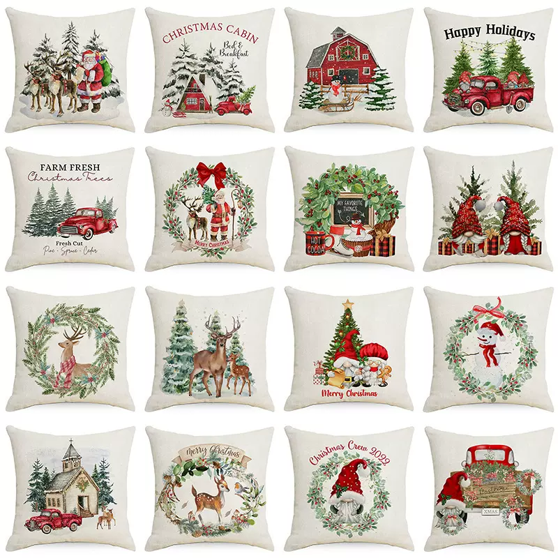 新款跨境圣诞节抱枕套圣诞树印花亚麻客厅家居沙发靠垫亚马逊靠枕