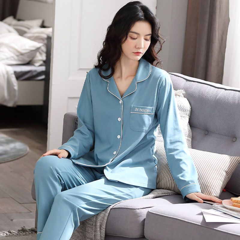 Pijamas de algodón para mujeres primavera y otoño de manga larga moda cardigan juvenil de mediana edad set de ropa casera casual se puede usar fuera