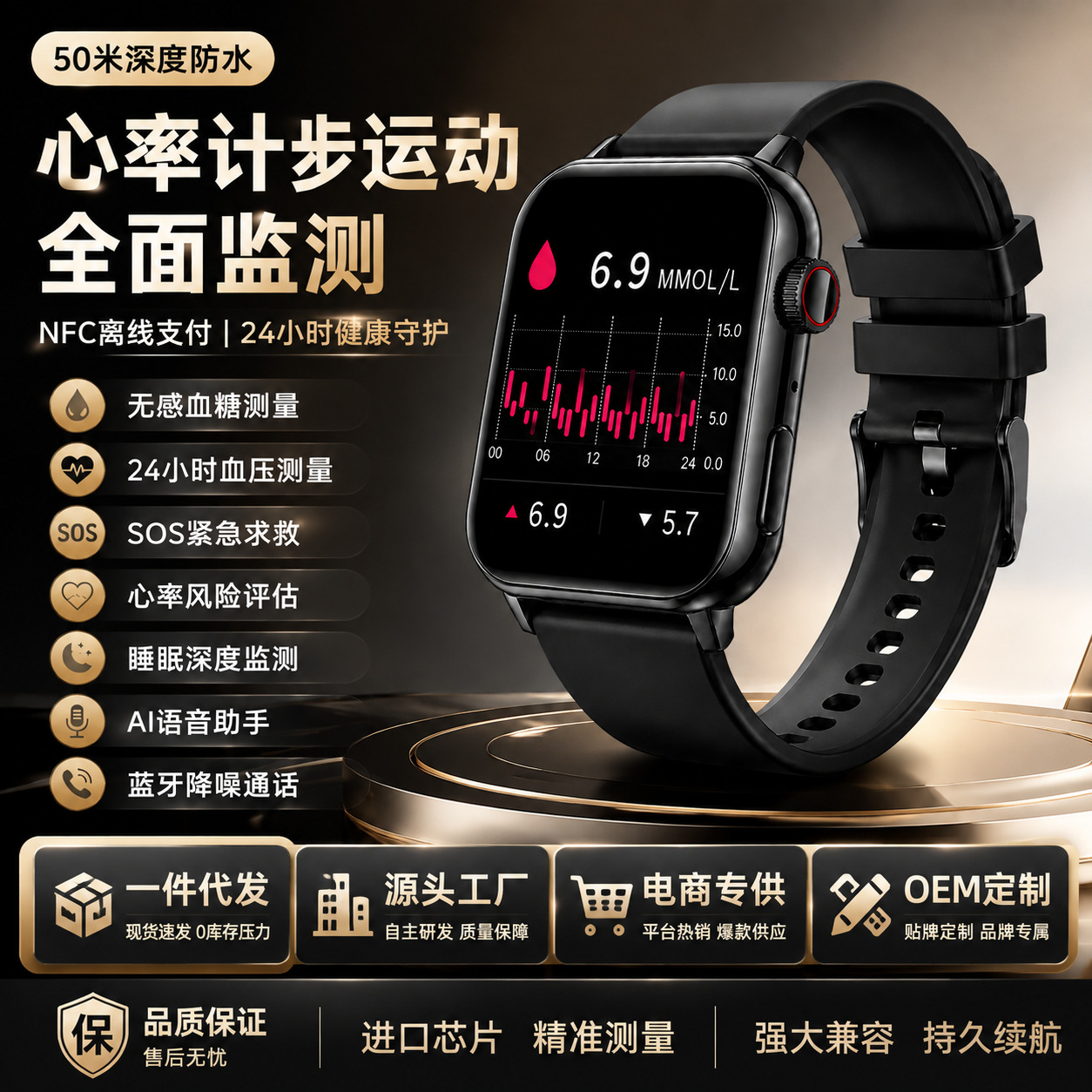 New 50m Deeply Waterproof Swimming-grade Smartwatch For Blood Sugar,...