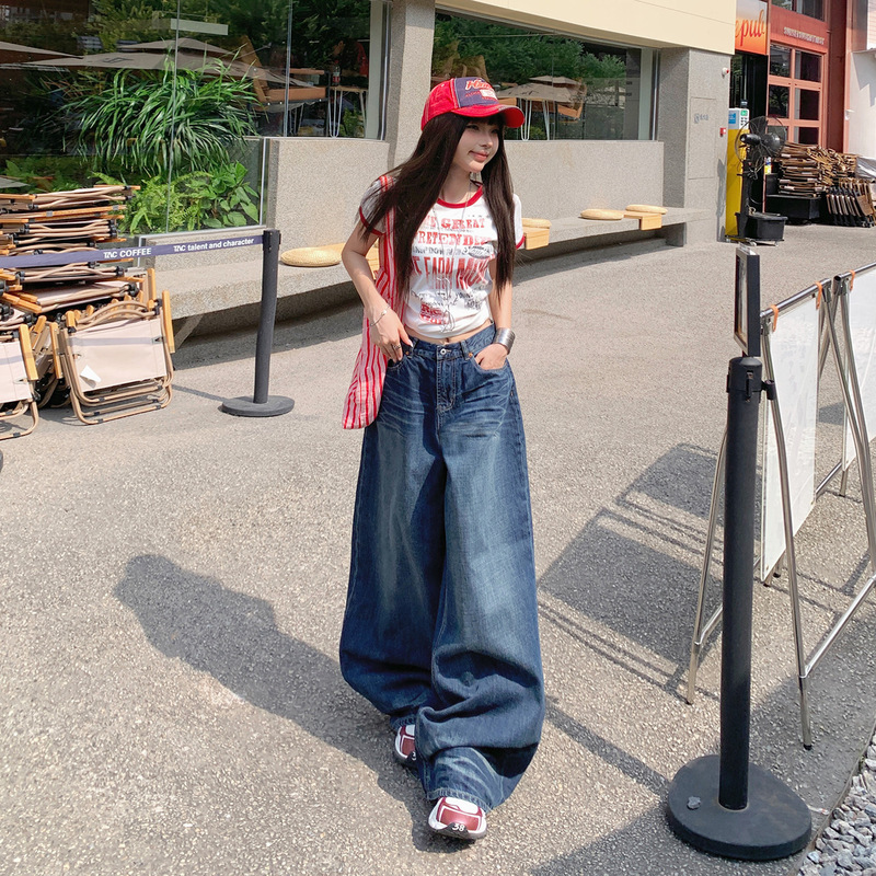 【今茵】街头美式复古水洗折痕高腰阔腿裤垂感百搭宽松直筒牛仔裤|undefined