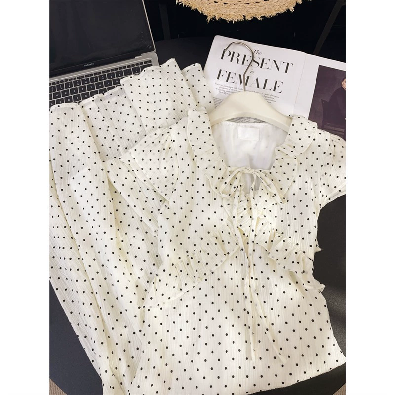02755 Летний новый французский темперамент с рюшами маленькая точка платье американская мода белая без рукавов