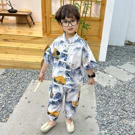 男童夏季远瞰飞鸟短袖唐装套装中国风儿童新中式汉服中大童表演服