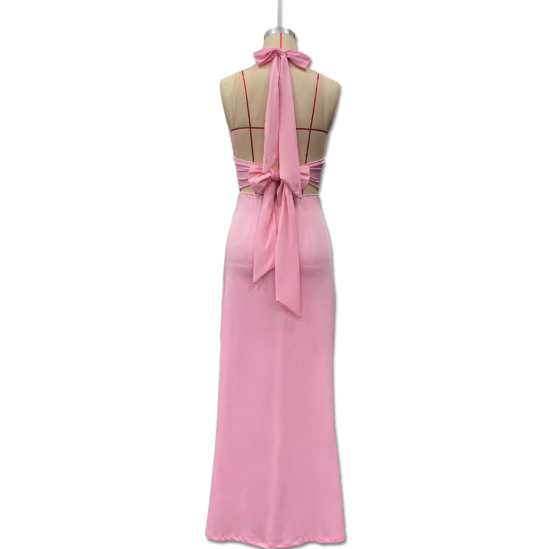 Elegant Women's Sleeveless Halter Neck V Neck Slit Long Dress European American Style Deep V Solid Color Cinching Sexy Dress_ecoleips.com