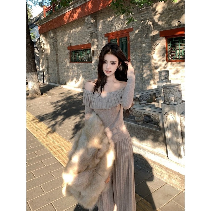 气质名媛一字肩时尚套装女秋冬新款韩版显瘦休闲褶皱阔腿裤两件套|undefined