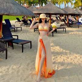 夏日绝美沙滩裙日落橙比基尼三件套长裙泰国度假渐变雪纺拖地裙