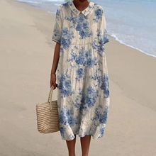 跨境独立站亚马逊衬衫D783衬衫领连衣裙女士休闲碎花3D印花袖长裙