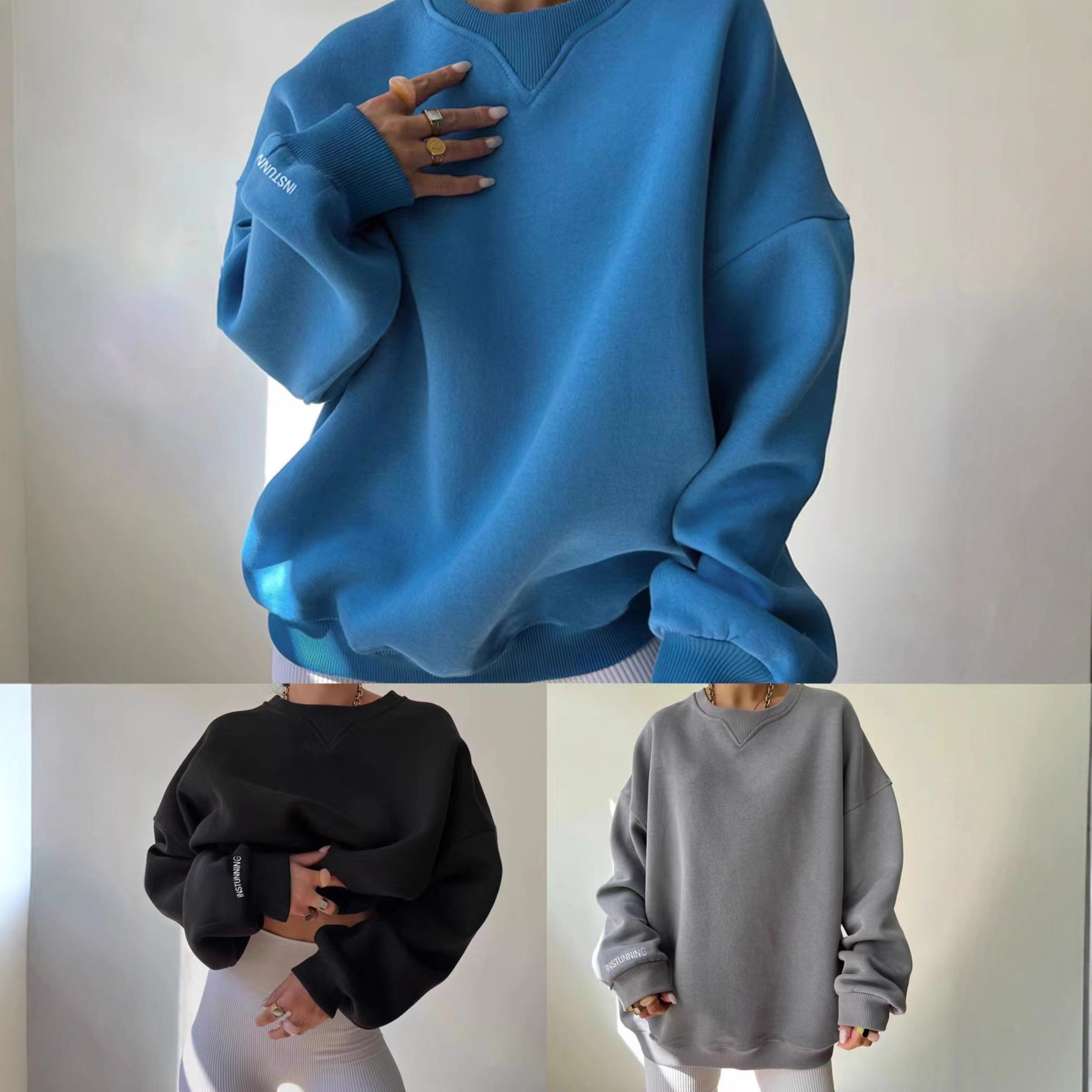 Nuevo punto cuello redondo suelta manga larga superior europea y americana primavera más tamaño de las mujeres moda casual suéter