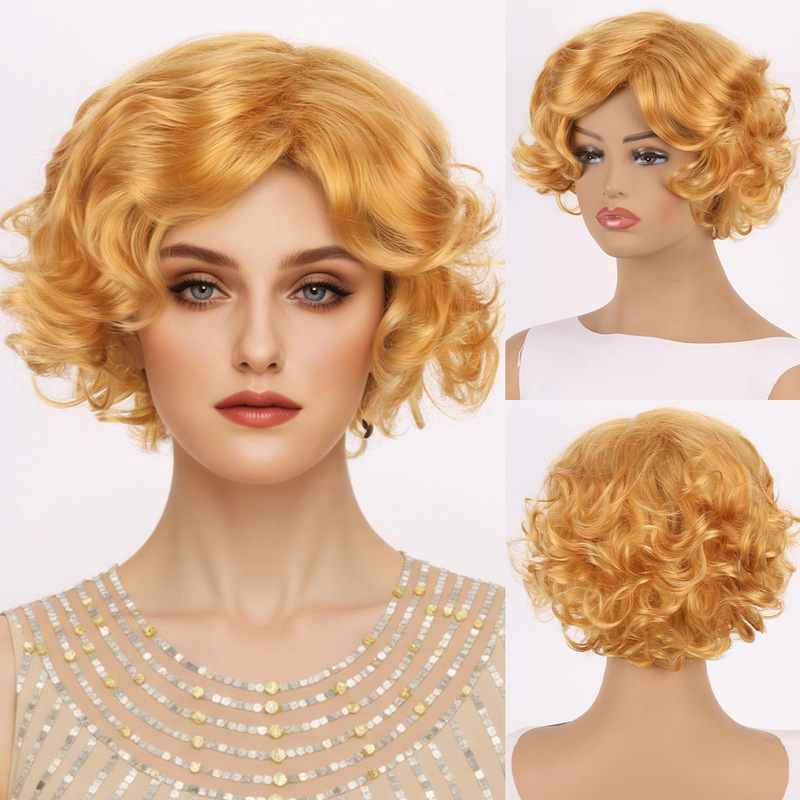 Retro Cosplay Marilyn Monroe Style Wig, Fluffy Golden Short Curly Hair, High-Temperature Synthetic Hairpiece