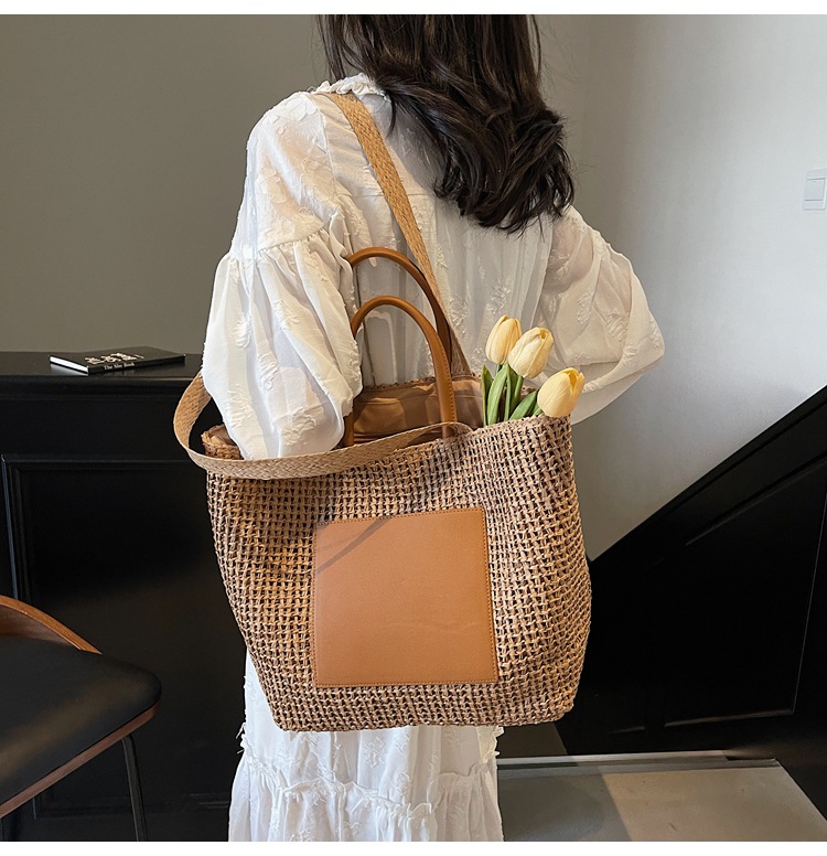 Large Woven Beach Tote Bag For Women Stylish Hollow Out Handbag_voghion.com