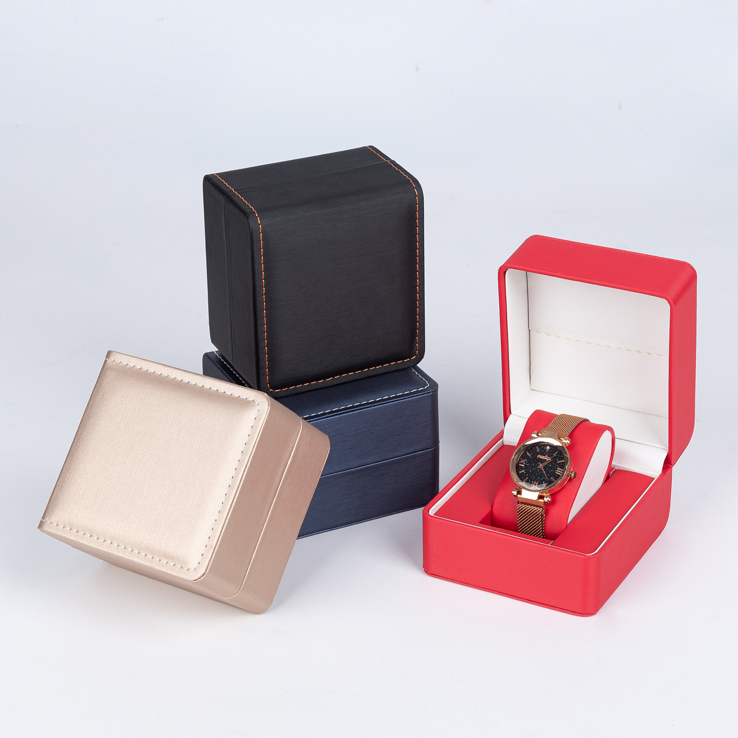 Caja de reloj de ángulo redondeado al por mayor cubierta flip PU caja de almacenamiento de reloj de seda de lluvia estriado caja de embalaje de reloj caja de regalo image 5