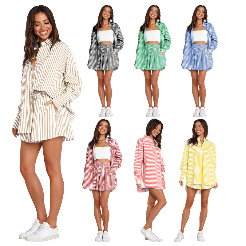 211032 Cross-Border European and American Spring and Summer Elegant Work Clothing Casual Suit Fashionable Women's Shirt Stripesd Long-Sleeved Two-Piece Set