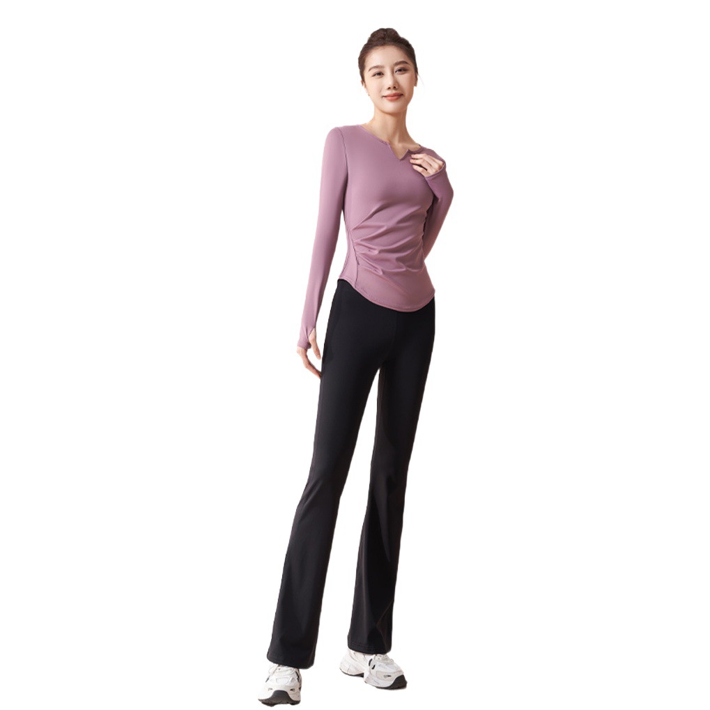 Juyitang otoño traje de yoga con cuello en v pliegues nude delgado delgado delgado traje de fitness largo mujeres