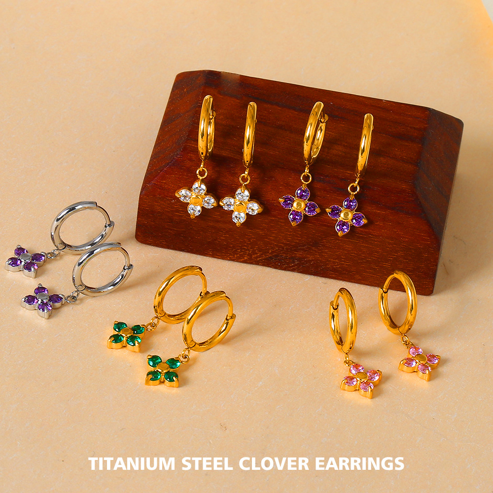 Golden purple earrings stainless steel with zircon