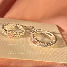 女时尚韩系甜美精致粉色法式蝴蝶结开口戒指小众设计感闺蜜戒指