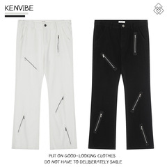 Kenvibe ナショナルトレンドアメリカンハイストリートレトロマルチジッパージーンズルーズファッションカジュアルトレンディブランドロングパンツ