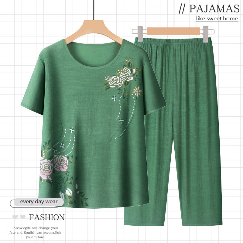 Middle-aged and elderly mother pajamas women's summer thin short-sleeved summer cotton and linen mother-in-law home clothes suit can be worn outside