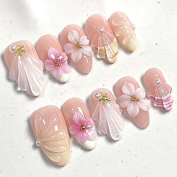30 pieces of new spring/summer wearable nails with three-dimensional flowers, handmade fake nails, fresh and trendy, best-selling cross-border wearable nails wholesale