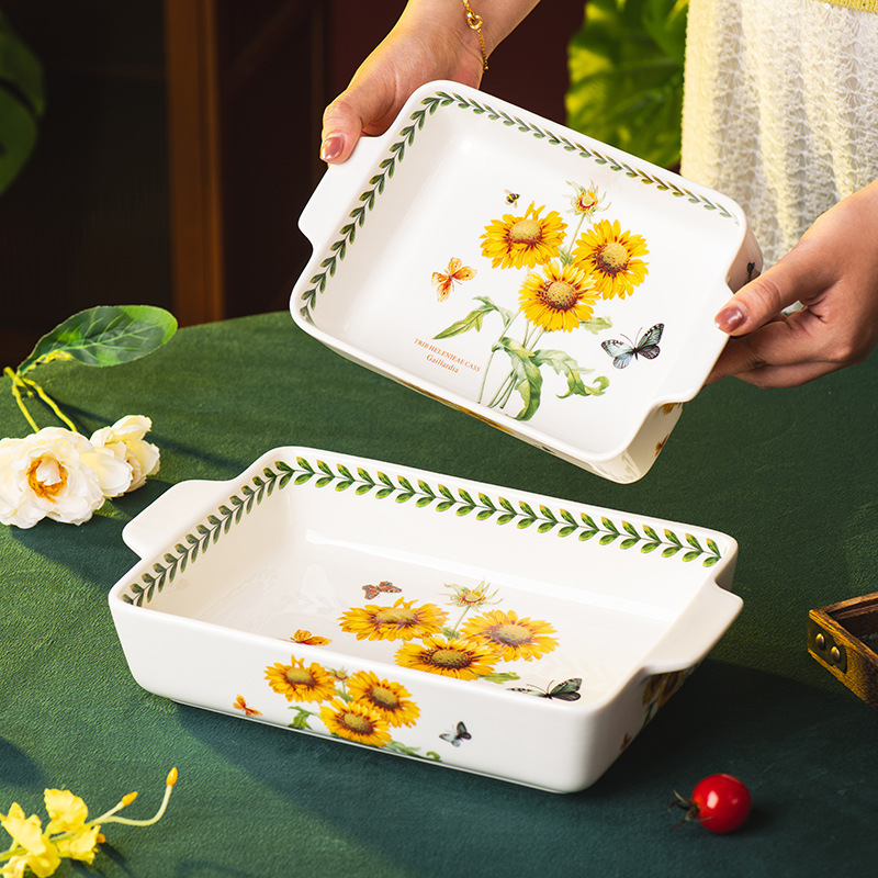 British Garden Double-Eared Ceramic Rectangular Baking Pan Household Tray Baking Bowl Household Large Soup Plate Large Dish Plate