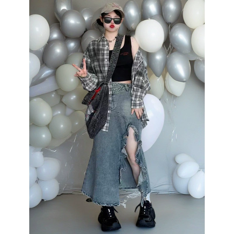 2024 летняя новая нога изуманная синяя джинсовая юбка женская летняя юбка с открытым крестом