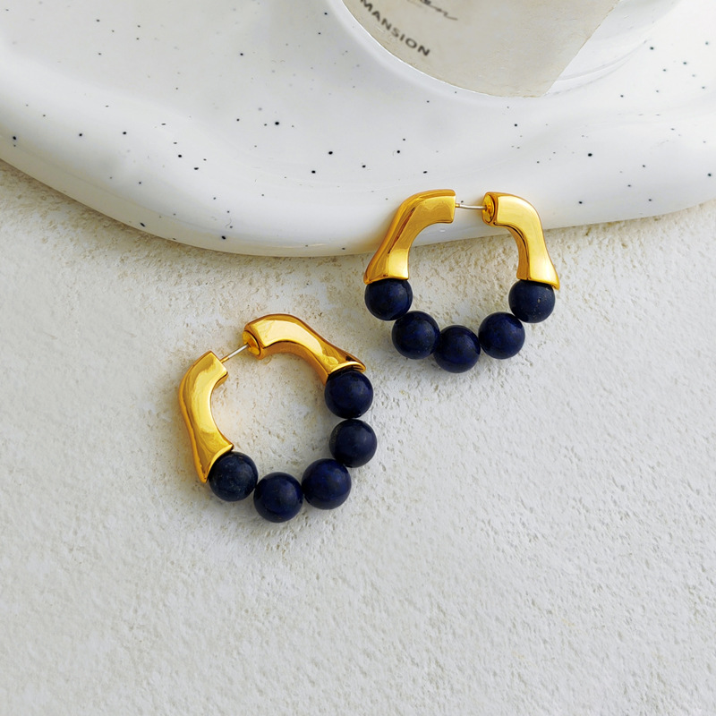 Retro Ball Copper Inlay Natural Stone Earrings 1 Pair