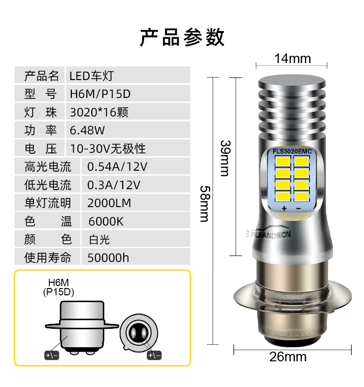P15D H6M Single Claw Headlight 3020 16SMD High Brightness LED Motorcycle Headlight
