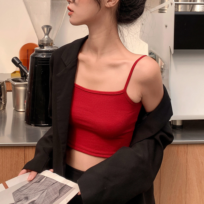 엄선된 뷰티백 블랙 끈나시 여성 여름 이너웨어 베이직 탱크탑 섹시한 크롭탑