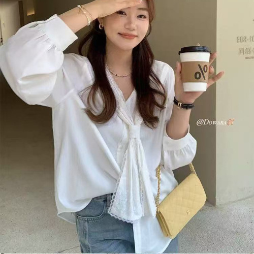 Women's Spring Micro Plus Size Slimming French White Collared Blouse with Lace Trim Navy Design Sensory Top