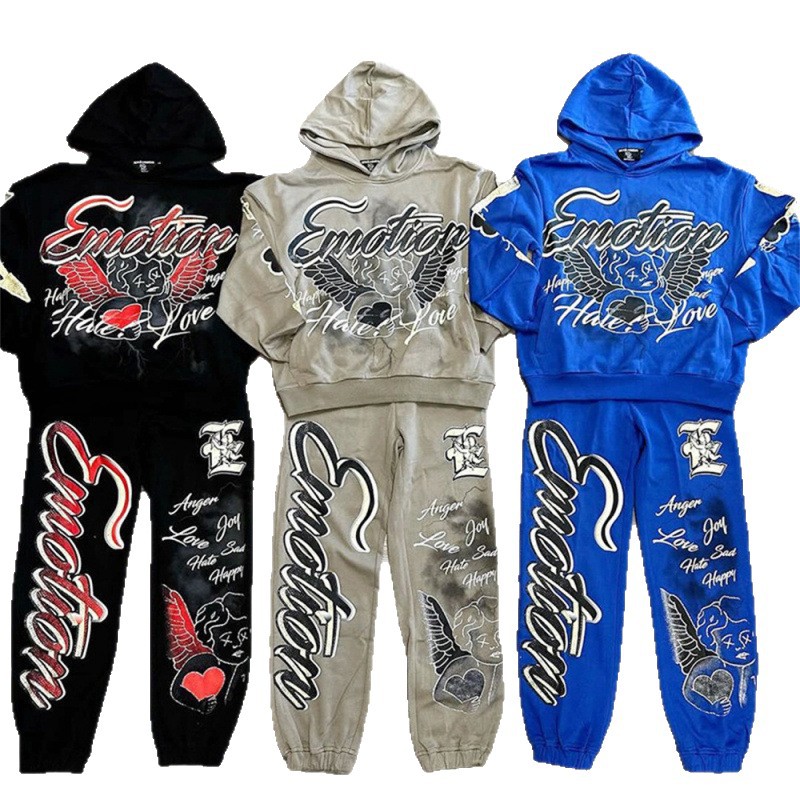 Men's Clothing American Style Trendy Street Graffiti Print Trendy Casual Hoodie Sweatshirt Sports Pants Suit Cross Border Foreign Trade_viptrois.com