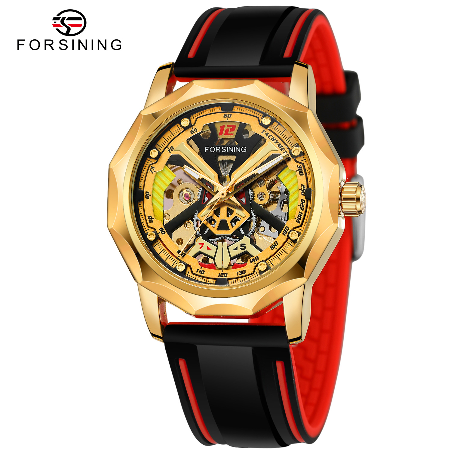 Orologio meccanico a carica manuale da uomo FORSINING con cinturino in gomma scheletrato e cassa trasparente._voghion.com