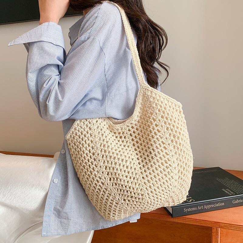 Lazy Tote New Style Casual Beach Shoulder Bag Handmade Straw Large Capacity Vacation Woven Hollow-Out Bag Lazy Tote New Style Casual Beach Shoulder Bag Handmade Straw Large Capacity Vacation Woven Hollow-Out Bag
