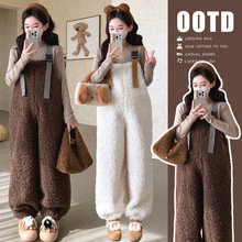 实拍现 货 秋冬半高领针织上衣+加绒加厚韩版羊羔毛背带裤 套装