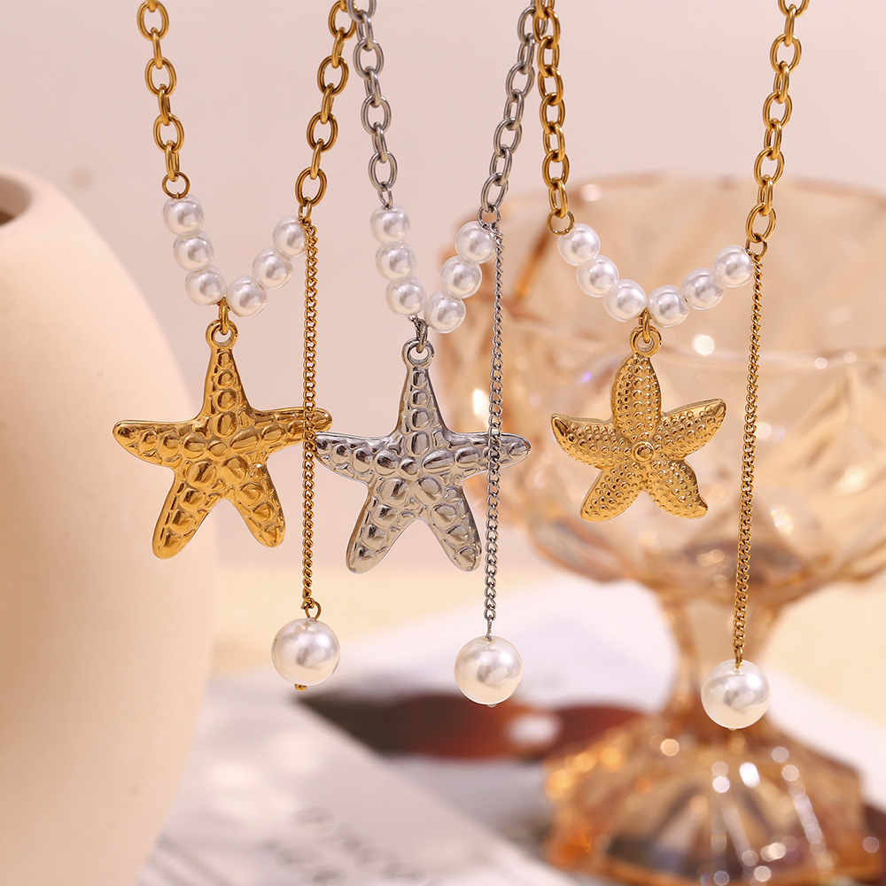 Starfish Imitation Pearl Fringe Stainless Steel Pendant Necklace