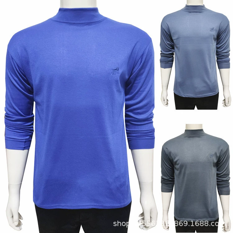 Весенне-осенняя мужская осенняя одежда, полуводолазка с круглым вырезом, полиэстер, однотонная футболка с длинными рукавами, мужские топы среднего и пожилого возраста оптом