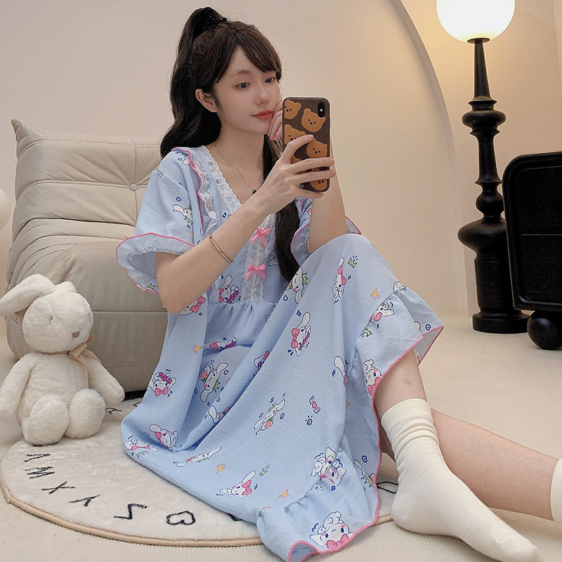 Chubby Sister 50.00 kg-150.00 kg Oversize Exlongation Nightgown Summer Thin Short-Sleeved Pajamas Loose Home Clothes Ins Trendy