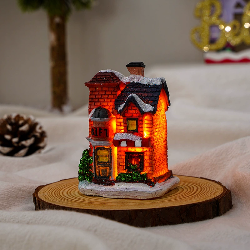 Miniature resin house decorations, micro landscape LED models, battery‑powered, assorted sizes 7–10 cm