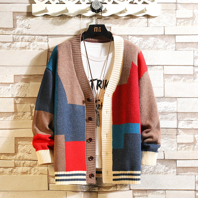 High-end super nice cardigan sweater men's color block stitching V-neck sweater loose plus size cashmere sweater coat High-end super nice cardigan sweater men's color block stitching V-neck sweater loose plus size cashmere sweater coat