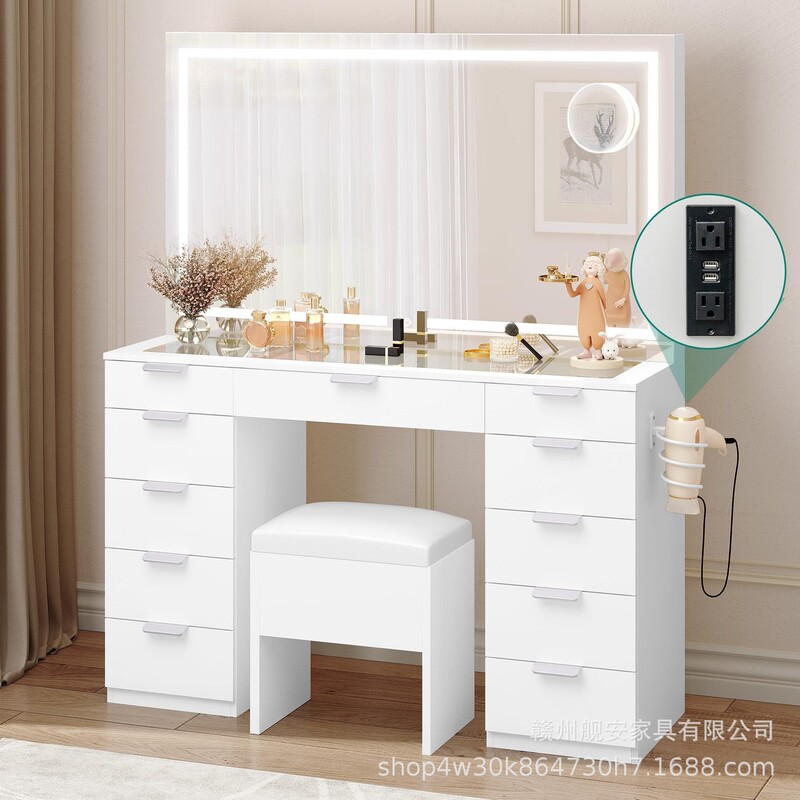 Amazon Dressing Table with Led Lighting Mirror and Power Outlet with Drawer Simple Small Apartment Storage