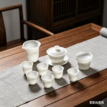 新中式水墨山水白瓷茶具 羊脂玉瓷盖碗整套功夫茶办公送礼