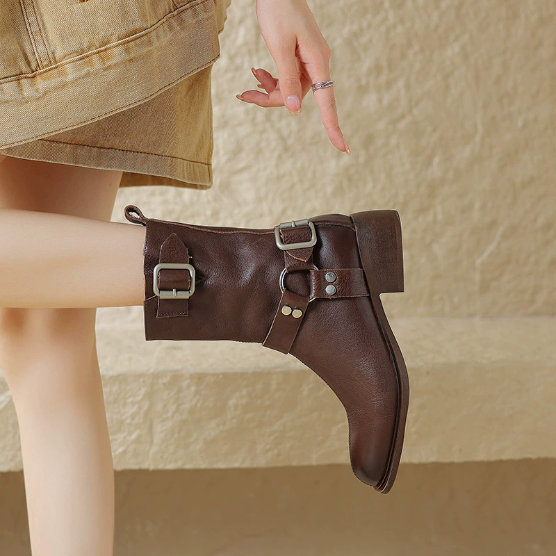 Воловья кожа Miu Home Высокие сапоги на массивном каблуке 2023 Yi Mengling с пряжкой Западные ковбойские сапоги Модные рыцарские сапоги