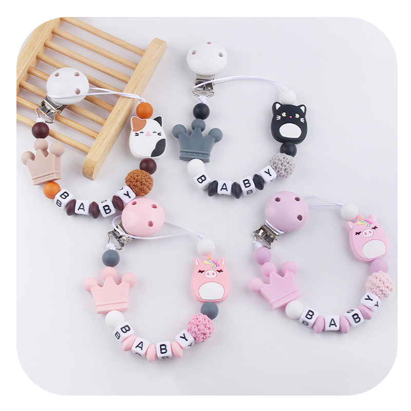Productos para bebés amor clip de tetina dibujos animados creativos juguetes unicornio silicona molar tetina cadena anti-caída cadena