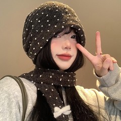 韩系波点堆堆帽女冬季大头围显脸小冷帽护耳保暖针织毛线帽子围巾