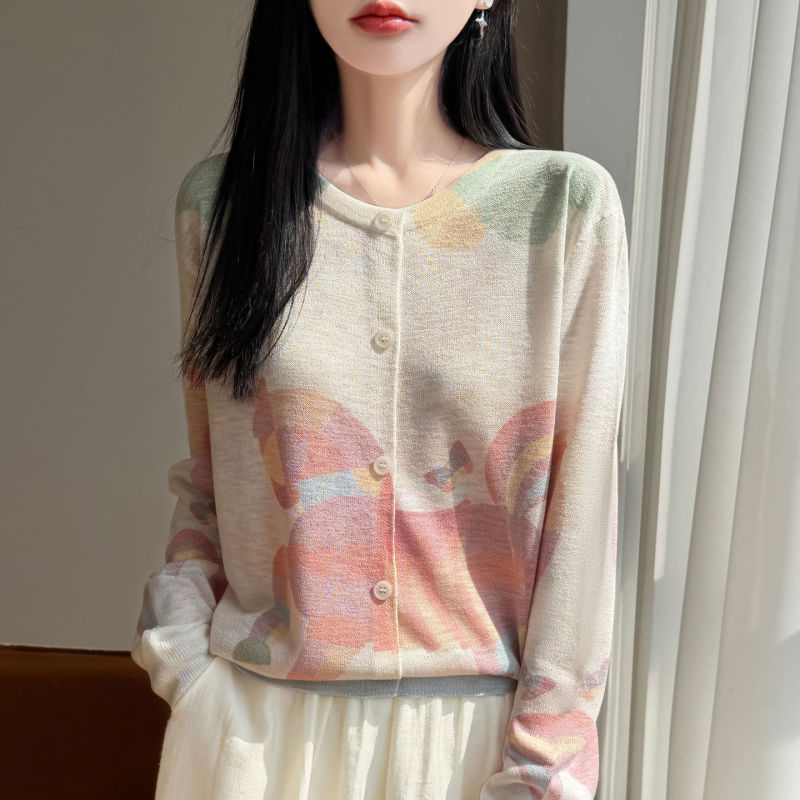 Gentle Style Round Neck Gradient Color Printed Knitted Cardigan for Women, Thin Air-Conditioning Cover-Up, Loose Long-Sleeved Outer Layer Base Shirt